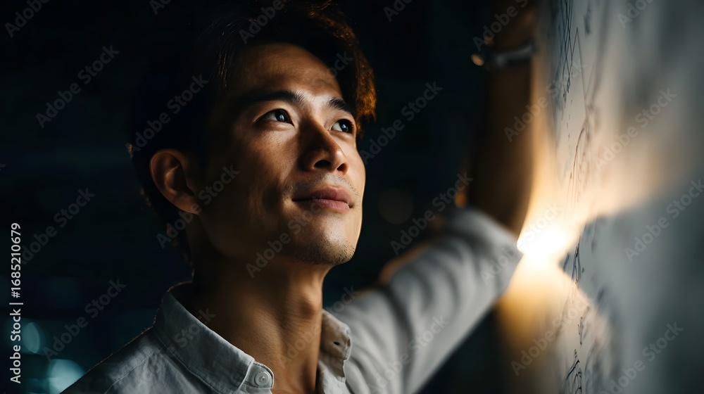 Poster an asian man contemplates an idea while presenting on a whiteboard illuminated by warm light in a pr