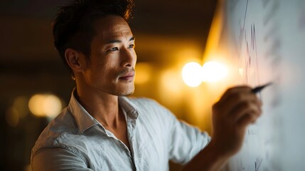 Focused Asian man writing a graph on a whiteboard illuminated by warm light diligently working on a business strategy or presentation