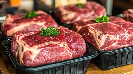 Fresh cuts of red meat displayed in trays, garnished with parsley, showcasing vibrant colors and textures.