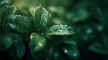 Close up of vibrant green leaves adorned with glistening water droplets illuminated by soft natural light highlighting organic texture