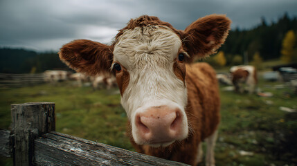 Close-up of a curious cow in a rural pasture with a wooden fence.