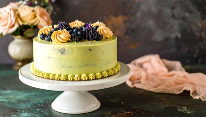 Elegant round cake with buttercream frosting and fresh berries