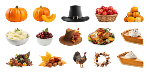 PNG Thanksgiving harvest feast essentials, element set on transparent background