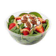 Photo of a clear plastic bowl filled with a fresh spinach salad, topped with strawberries, feta cheese, pecans, and a light dressing, isolated on a transparent background