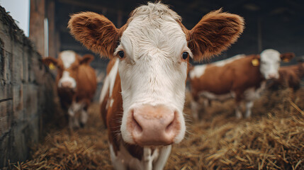 Close-up of a curious cow in a barn with hay and other cows.