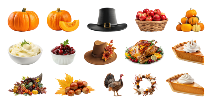 PNG Thanksgiving harvest feast essentials, element set on transparent background