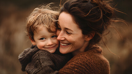A mother and child embrace outdoors, smiling warmly.