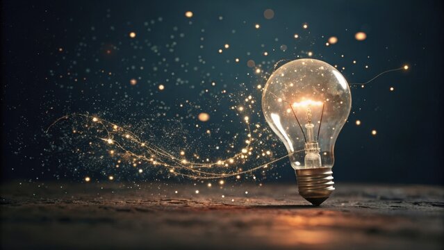 Illuminated Idea: Lightbulb with Golden Particle Stream - Powered by Adobe