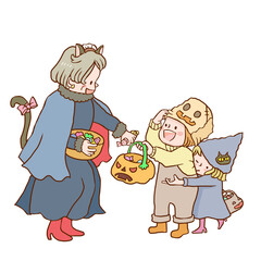 トリックオアトリート　お菓子を頂戴とご婦人におねだりする子供たち