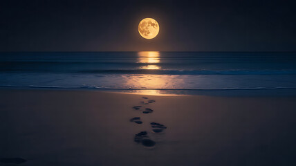 A moonlit path leads into the vast unknown. Footprints in the sand tell a story of a solitary walk under a breathtaking sky. Embracing the journey, one step at a time, guided by the light of the moon.