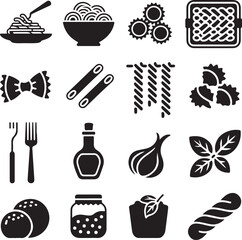 Black Silhouette Icons Of Pasta Dishes Ingredients And Utensils spaghetti noodles