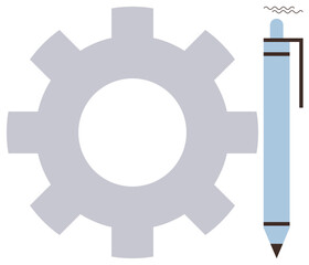 Gear and pen symbolize innovation, problem-solving, and design. Ideal for creativity, engineering, collaboration, productivity, planning technical processes education. Clean and simple flat