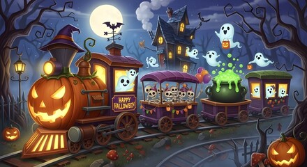 Whimsical Halloween Haunted Train – Pumpkin Engine & Ghosts Spooky Fun Greeting