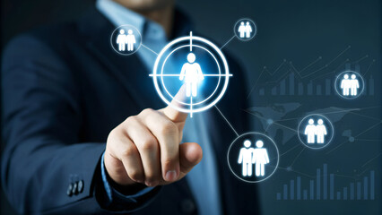 Businessman targets specific customer group with digital analysis, optimizing marketing campaigns for business growth and success