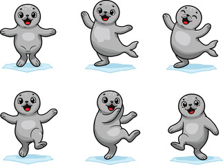 Cute cartoon gray seals on ice, playful marine animal characters in fun poses, adorable wildlife illustration set for kids and education