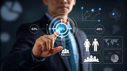 Professional businessman targets digital data with futuristic interface, analyzing growth metrics and customer demographics for strategic planning.