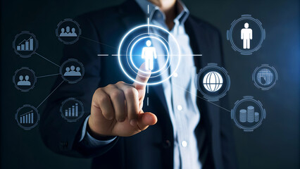 Professional businessman targets customer with modern digital interface connecting people, data, and finance for business growth