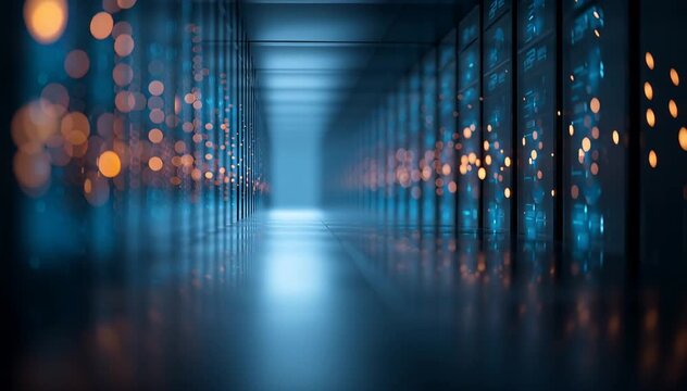 Rows of dedicated servers mining in high-tech cryptocurrency farm. Data center with advanced hardware, network, processing power. Digital currency exchange, crypto market.