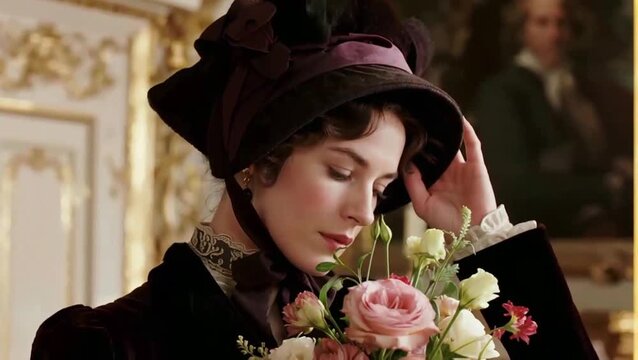 Un retrato de moda cinematográfico a color de una mujer con un sombrero Época Victoriana