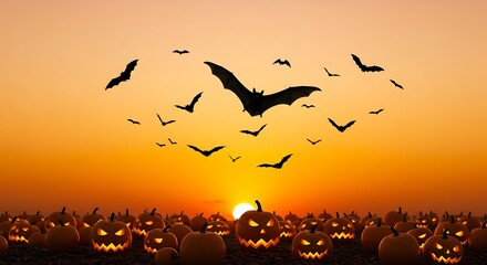 Obraz premium Halloween scene with pumpkins and bats silhouetted against an orange sunset sky landscape background