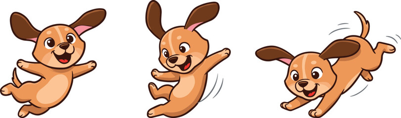 Cute cartoon puppy in playful jumping poses, energetic pet character with joyful expression, fun dog illustration set for kids and design