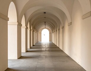 Obraz premium Long arched corridor with repetitive architectural elements and bright light at the end, symbolizing future, hope, passage, or journey.