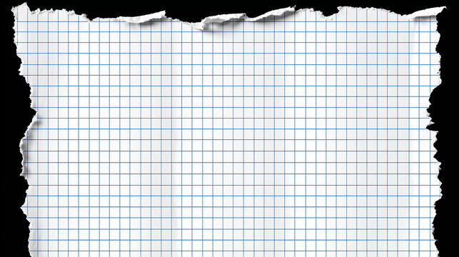 a white sheet of paper with blue grid lines, torn at the top and bottom, on a black background,
