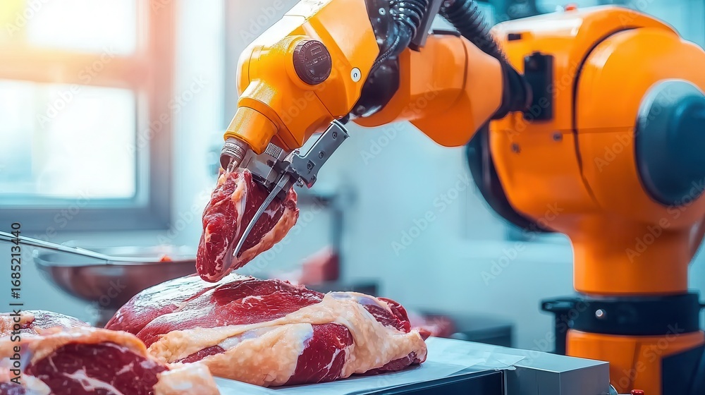 Poster a robotic arm is handling raw meat, showcasing advanced automation in the food processing industry.