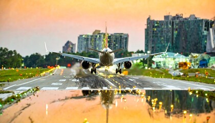 Airplane landing at sunset over city