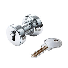 Close up of a shiny chrome door lock cylinder and a silver key isolated on transparent background