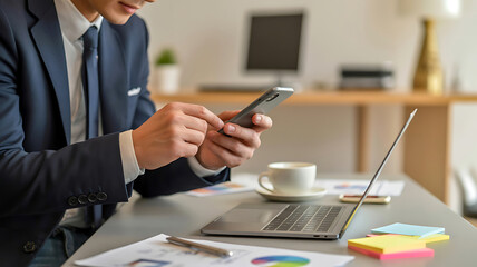 Professional businessman using smartphone, analyzing data, and drinking coffee at desk