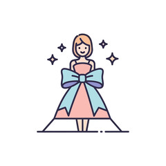 Cute cartoon girl wearing a gift box dress for a celebration.