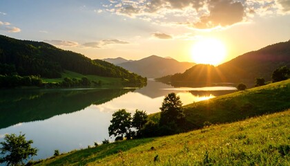 Obraz premium Serene lake sunset over hills
