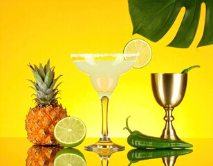Vibrant tropical margarita with pineapple, lime, chili, and a golden goblet on a bright yellow background. Refreshing summer drink still life.