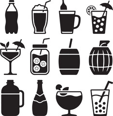 Assortment of black silhouette icons depicting different types of beverages drinks bottle