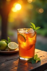 Fototapeta premium Relaxing evening scene with a glass of iced tea on a rustic wooden table, bathed in warm sunset light Perfect for summer, tranquility, and refreshment themes , shadow, comfortable, citrus