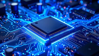 High-tech circuit board with a central processor chip, glowing with bright blue light.  Intricate network of electrical pathways