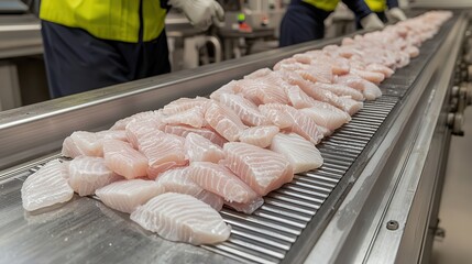 Fresh fish fillets are neatly arranged on a conveyor belt in a processing facility, indicating preparation for packaging or distribution.