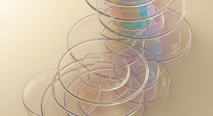 Stack of transparent petri dishes with iridescent reflections in a laboratory setting