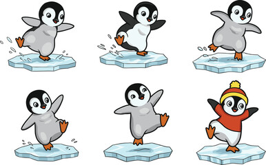 Playful cartoon penguin character set on ice, cute winter animal mascot in dancing and sliding poses, fun holiday illustration for kids