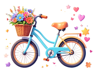 Cartoon Style Kids’ Bicycle with Flowers in Basket, Flat Lay PNG