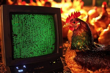 A colorful hen stands beside an old computer displaying green code, merging technology with rural life in a whimsical setting.