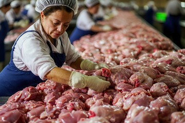 A worker carefully processes chicken meat in a processing facility, showcasing the meticulous tasks involved in meat preparation.