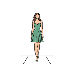 Elegant fashion model walking the catwalk in a green dress illustration.