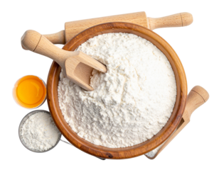 Flat Lay Cooking Flour in Wooden Bowl with Baking Props, Transparent PNG