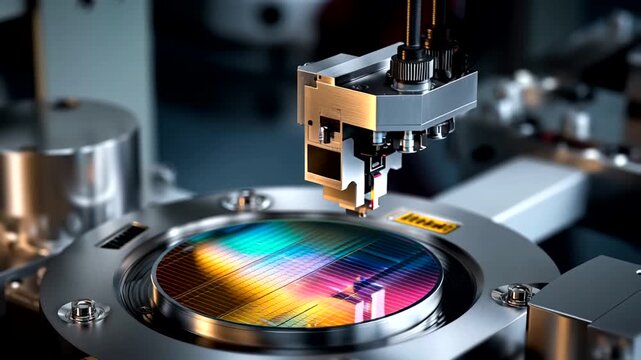 Detailed image of semiconductor wafer processing with advanced machinery in a manufacturing facility.