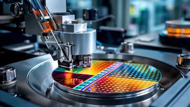 A robotic arm works on a silicon wafer in a high-tech manufacturing environment.