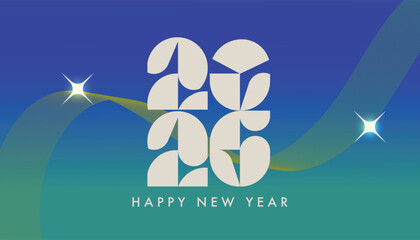 Creative geometric 2026 Happy New Year typography with abstract cutout style numbers, modern festive poster on blue green gradient background with glowing stars, stylish minimal vector illustration