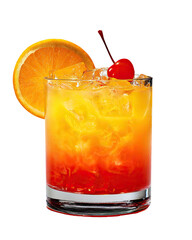 Vibrant orange and red layered cocktail in a glass, garnished with an orange slice and cherry