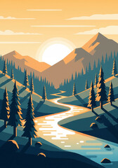 Minimalist Mountain Landscape with River